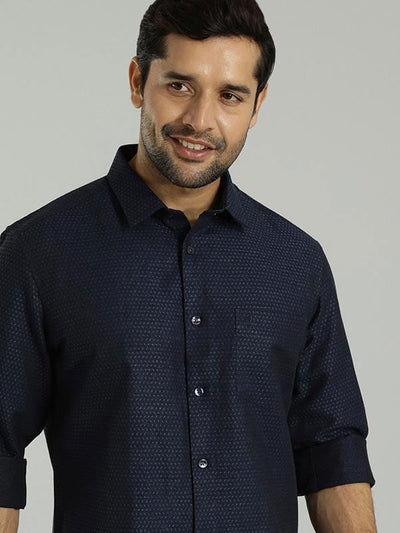 Indian Terrain Men's Slim Fit Full Sleeve Self Design Dark Blue Shirt